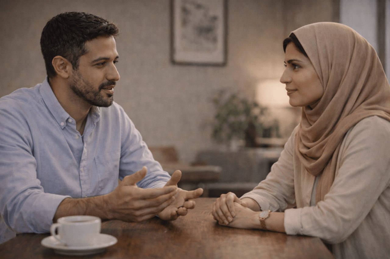 زن و مردی در فضای آرام با فاصله‌ای متعادل روبه‌روی هم نشسته‌اند و با تمرکز حرف می‌زنند.
