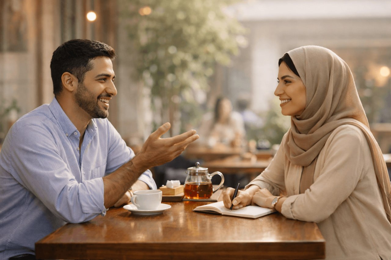 دفترچه‌ای باز روی میز کنار دو استکان چای و خودکار.