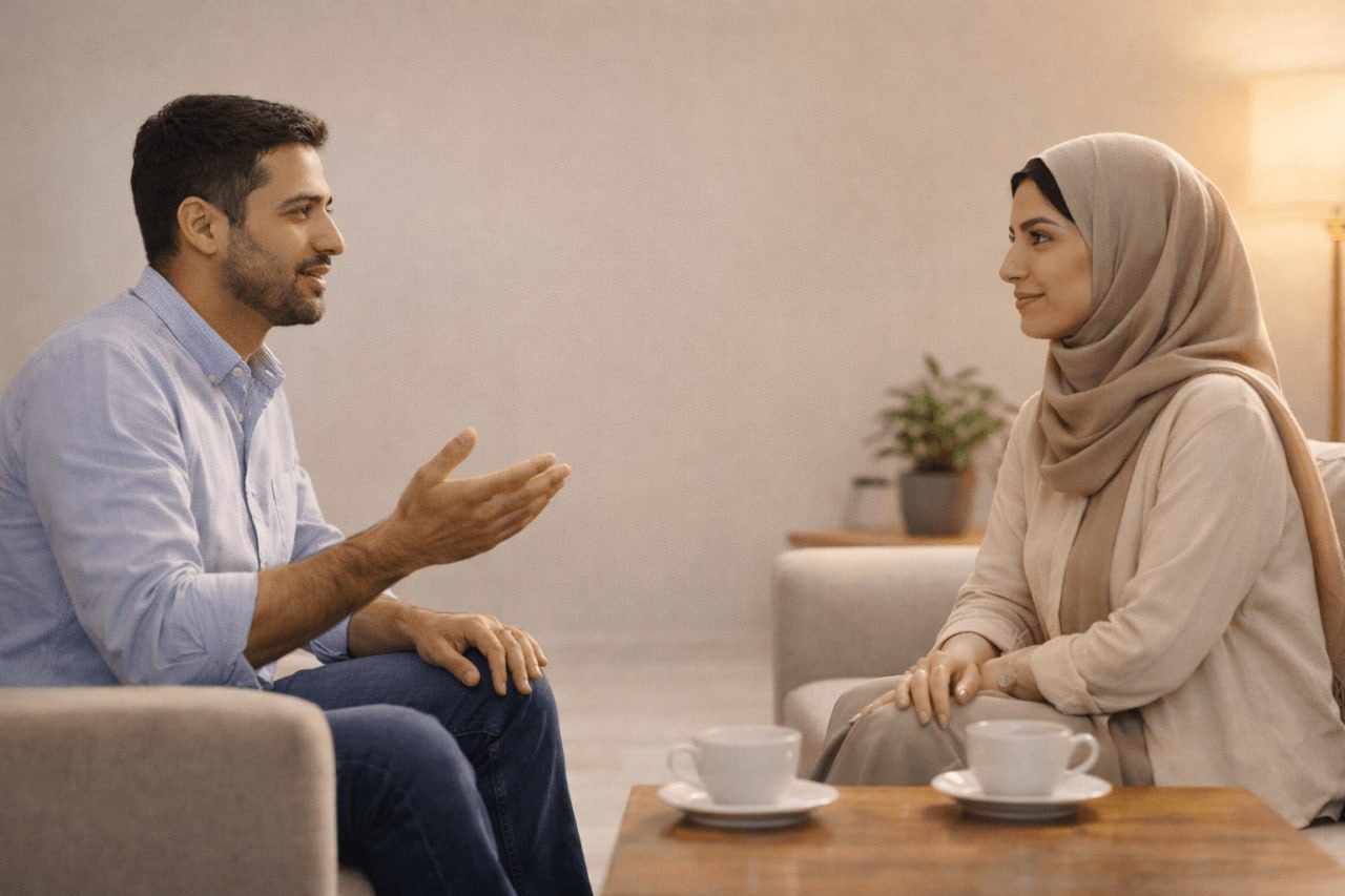 زن و مردی در فضایی آرام روبه‌روی هم نشسته‌اند و با حفظ فاصله‌ای متعادل در حال گفت‌وگو هستند.