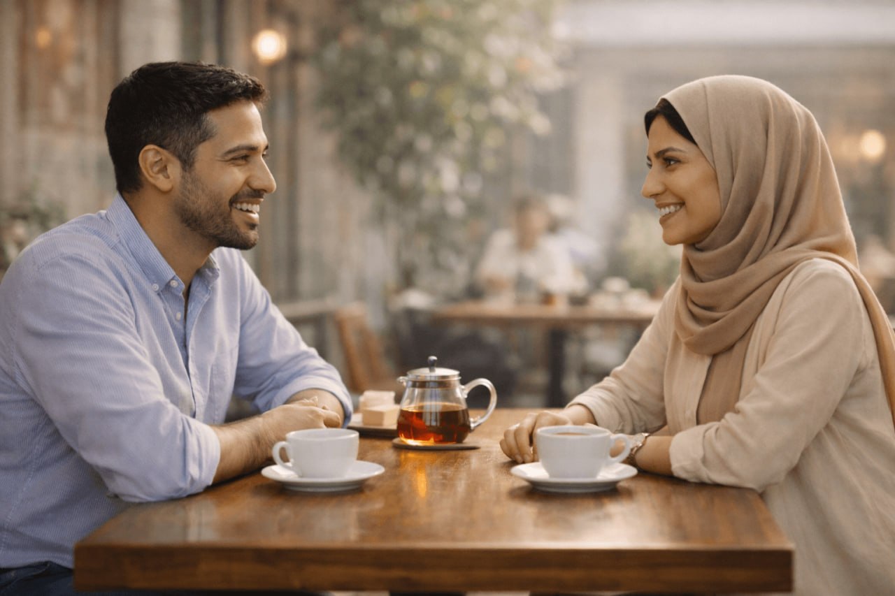 دو نفر در کافه‌ای آرام روبه‌روی هم نشسته‌اند و با لبخند ملایم صحبت می‌کنند.